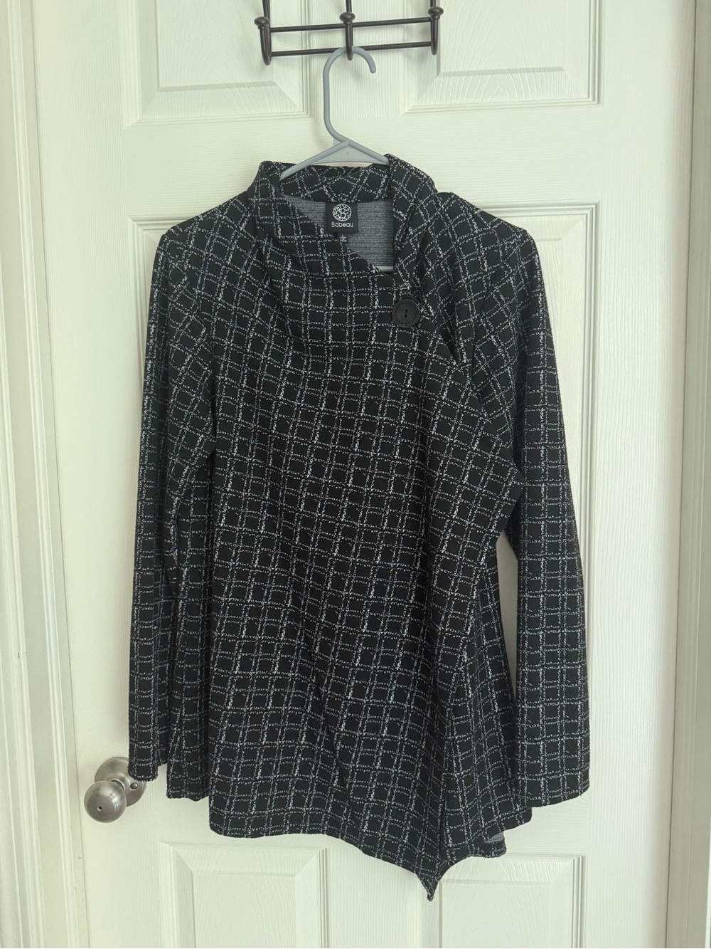 bobeau Black and White Grid Knit Asymmetrical cardigan
